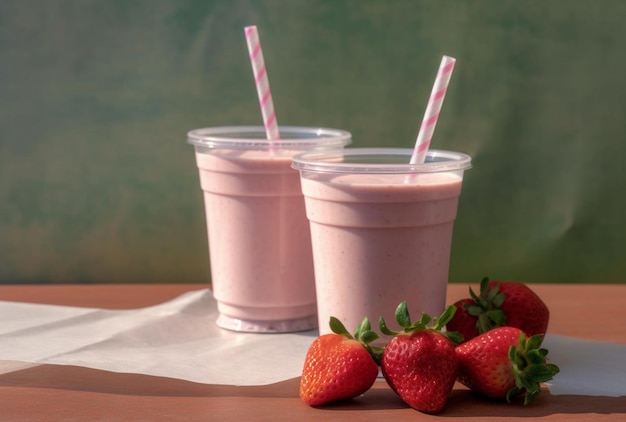 Two strawberries and a strawberry smoothie are on a table next to a green background.