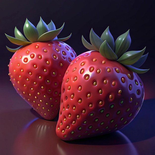 two strawberries with green leaves and a blue background