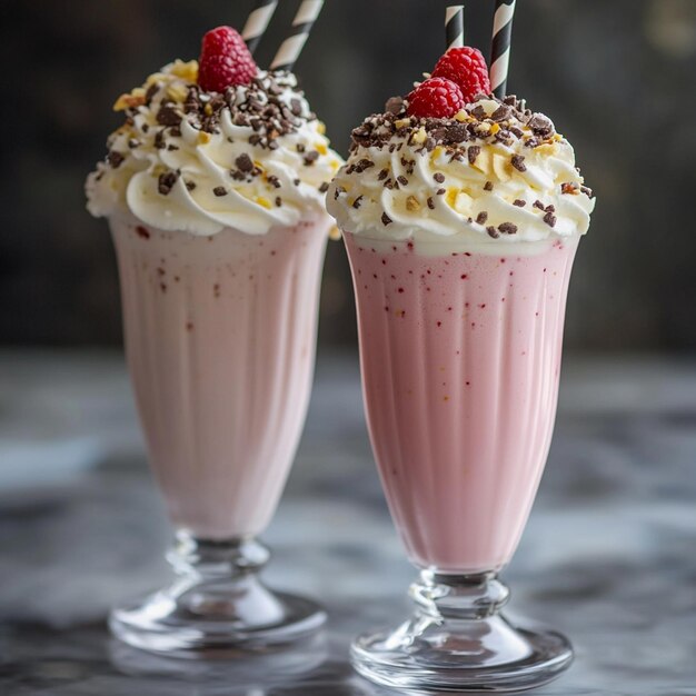 Photo two strawberries with a straw in them are in a glass