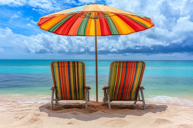 Photo two striped beach chairs under a colorful umbrella on a sandy beach