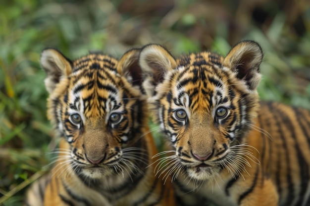 Photo two striped tiger cubs in grassland