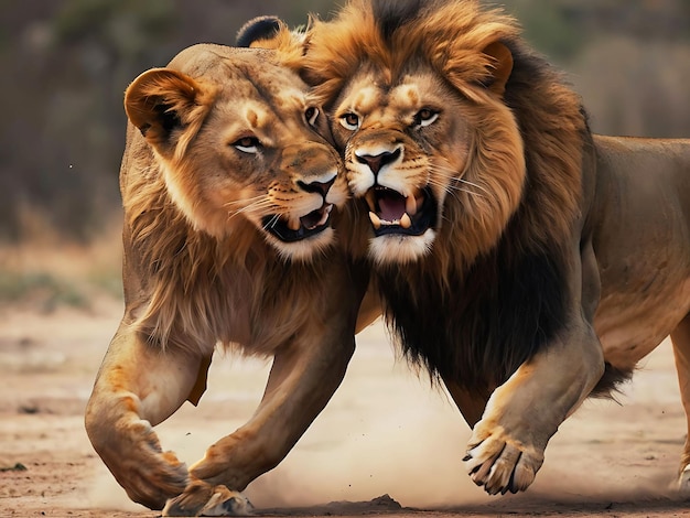 Two strong male lions fighting Generative AI