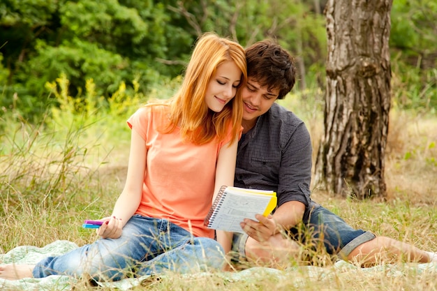 Two students at outdoor doing homework.