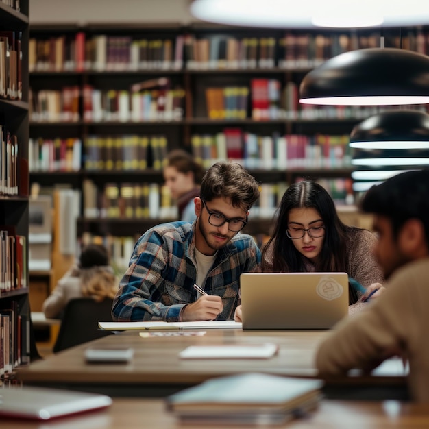 Two students study together in a library one using a laptop the other taking notes