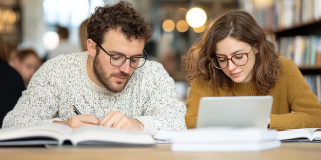 Photo two students studying together at a library focused on a laptop and books engaged in collaborative learning and research work