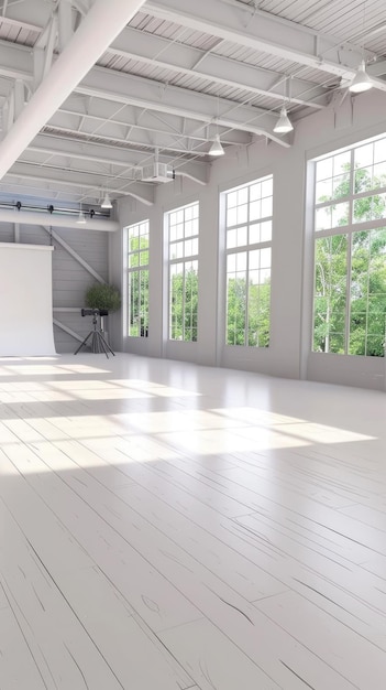 Two studio lights stand on tripods in an empty concrete room with bright sunlight streaming in from above