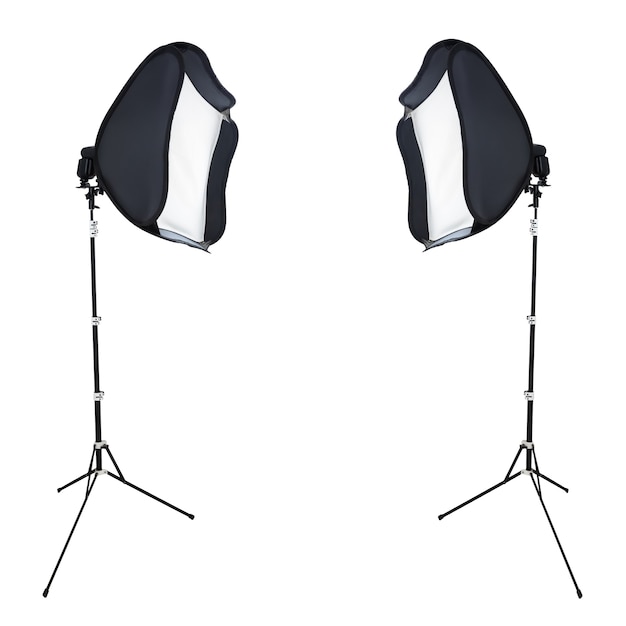 Two Studio Lights with Soft Box and Tripods isolate on white background.