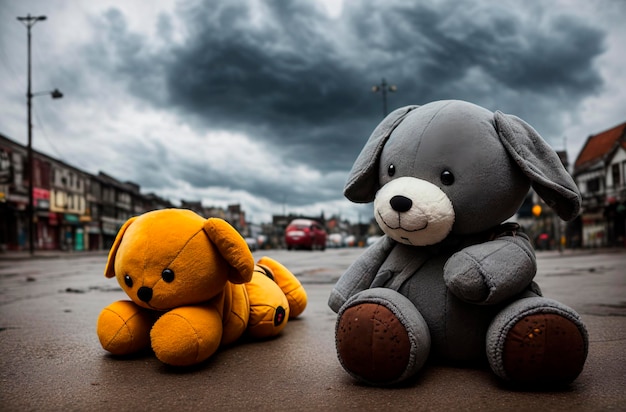 Two stuffed animals on the ground, one of which is a dog.