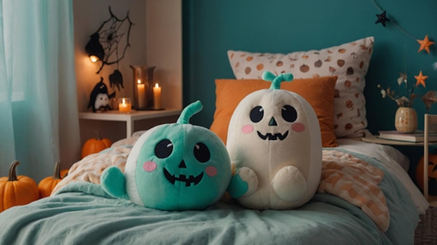 Photo two stuffed toys sit on a bed with one that says quot monster quot