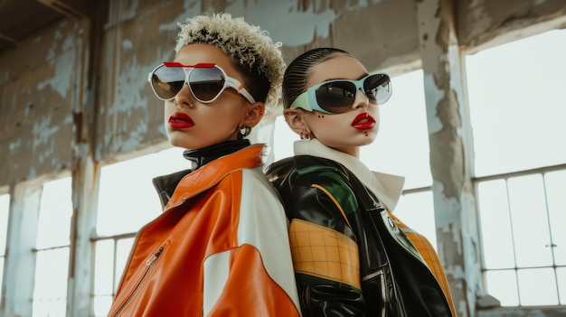 Two stylish individuals embody confidence and futuristic fashion set against a weathered industrial backdrop with streaming light