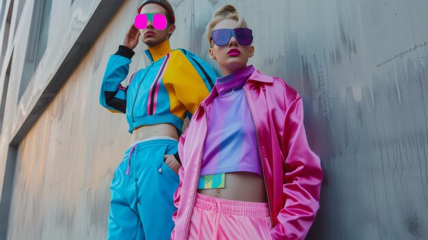 Two stylish individuals pose against a concrete wall embracing bold fashion with bright eclectic outfits and oversized sunglasses in a modern urban setting