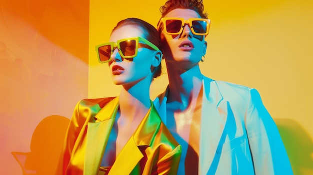 Two stylish individuals pose confidently in bold colorblock outfits and matching sunglasses radiating vibrant highfashion energy