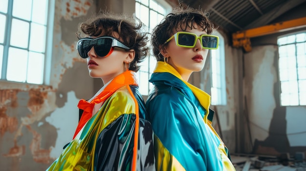 Two stylish individuals in vibrant futuristic clothing and oversized sunglasses pose confidently against the backdrop of an industrial building with large windows