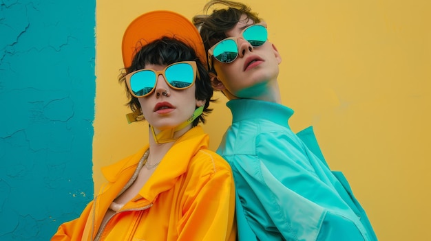 Two stylish individuals in vibrant yellow and teal outfits and reflective sunglasses strike confident poses against a contrasting yellowandteal background