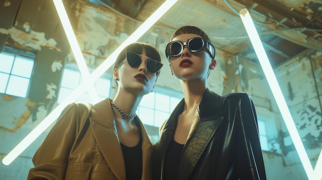 Photo two stylish individuals wearing chic outfits and sunglasses standing confidently in an industrial neonlit setting