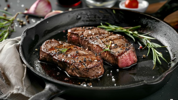 Two succulent pieces of steak sizzling in a cast iron pan garnished with herbs and seasoned with coarse salt and pepper