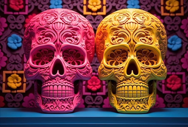 two sugar skulls colored in bright colors are shown together in the frame in the style of lifesize