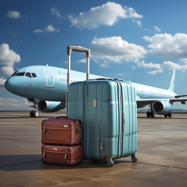 Photo two suitcases on the ground with airplane in the background travel conceptia generated