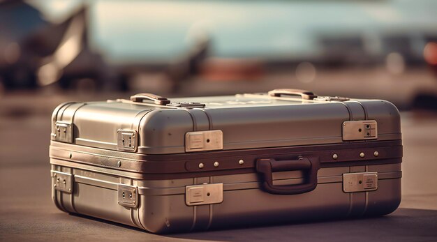 Photo two suitcases sitting on the ground with airliners and airplanes in the sky