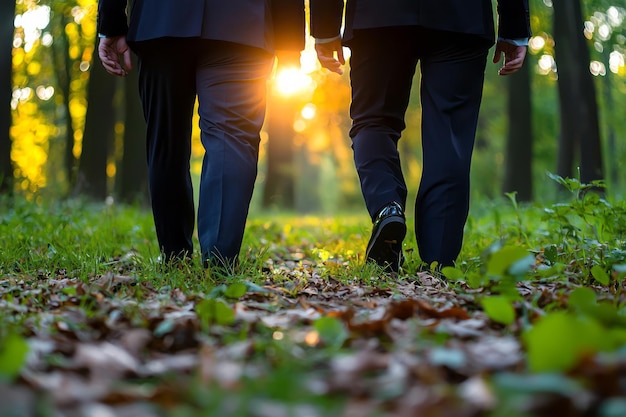 Photo two suited individuals walking through a sunlit forest during autumn at sunset