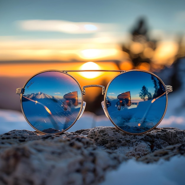 Photo two sunglasses with a sunset in the background