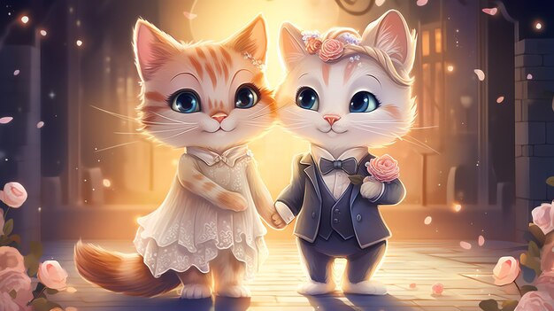 Two super cute cats bride and groom Lovely wedding couple AI generated image