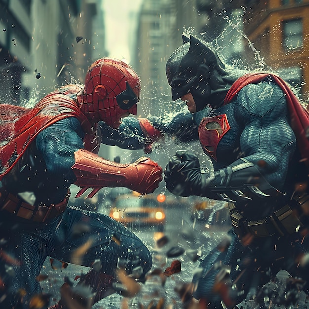 Photo two superheroes fight in a puddle of water