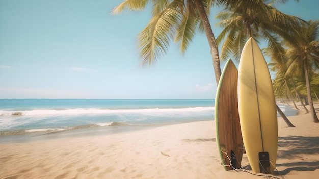 Two surfboards on a beach with palm trees in the background