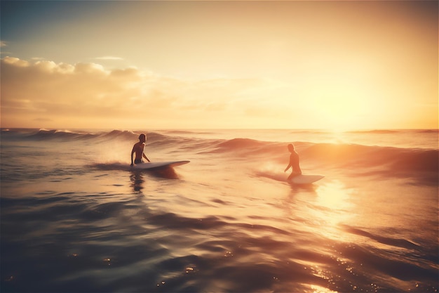 Two surfers having fun inside the ocean catching a wave together on golden hour freedom