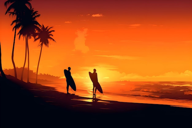 Two surfers walking on the beach with palm trees in the background.