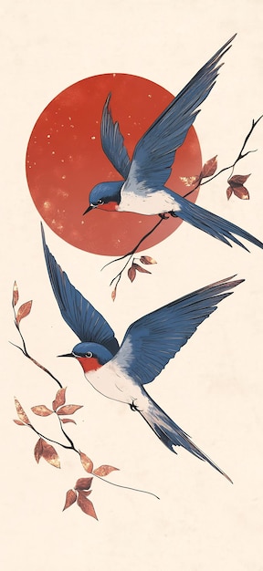 Two Swallows in Flight Against a Red Sun and Branch in HandDrawn Illustration Style