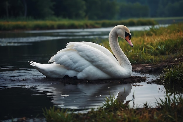 two swans are standing in the water one has an orange beak