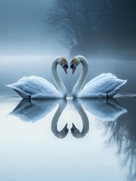 Photo two swans forming a heart shape in misty lake at dawn