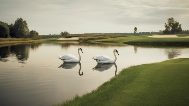 Two Swans on a Golf Course Pond