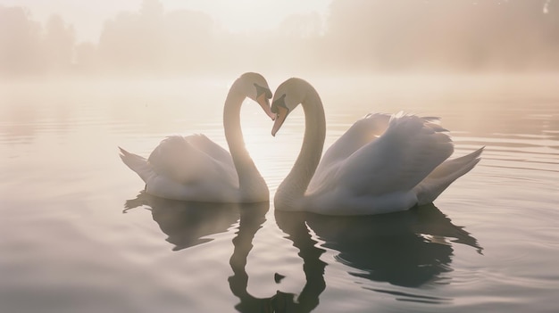 Photo two swans gracefully form a heart shape with their necks in the soft morning mist on a tranquil lake symbolizing love and serenity