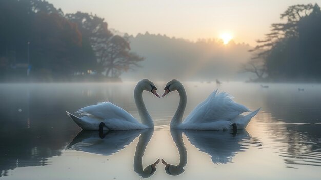 Photo two swans in love at sunrise