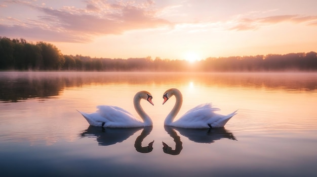 Photo two swans in love at sunset