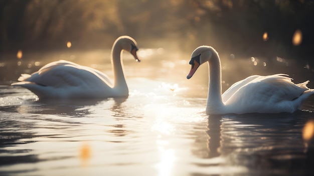 Two swans swim in a lake with the sun shining on the water