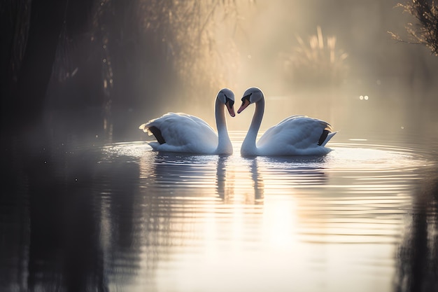 Two swans swimming gracefully on the surface