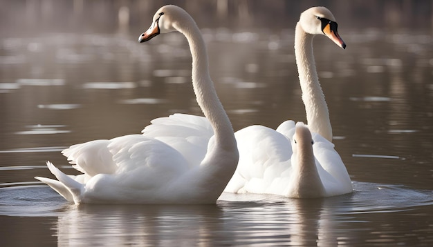 two swans swimming in a lake with one being the other one