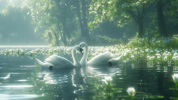 two swans swimming in the water with the sun shining on them