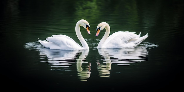 Two swans in water giving a heart shape