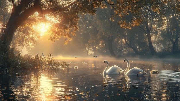 two swans in the water with the sun shining on them