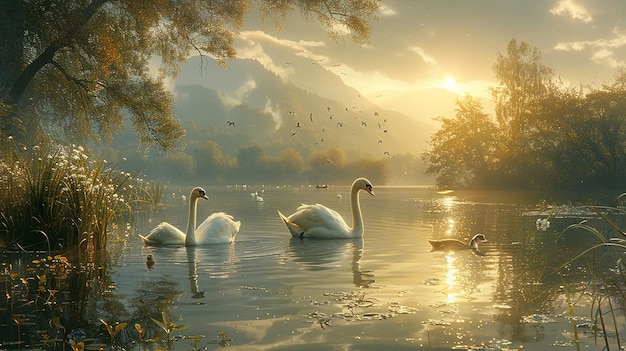 two swans in the water with the sun shining on them