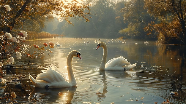 two swans in the water with the sun shining on them