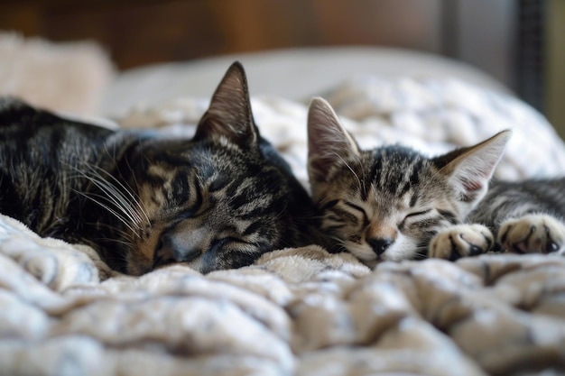 Two tabby cats sleeping peacefully on a soft blanket