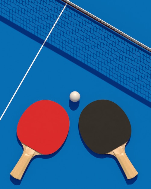 Two table tennis or ping pong rackets and ball on a table with net 3d illustration