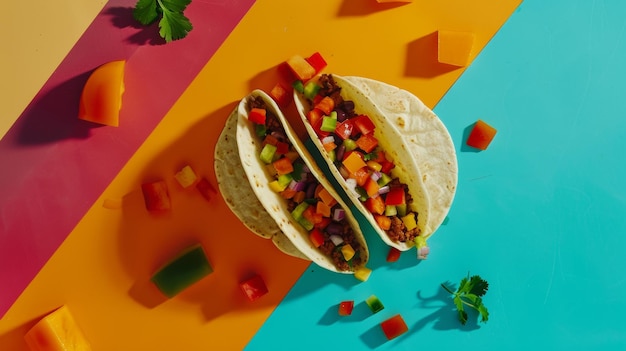 two tacos are on a colorful table with a cartoon image of a tortilla