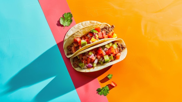 two tacos are on a colorful table with a colorful tablecloth