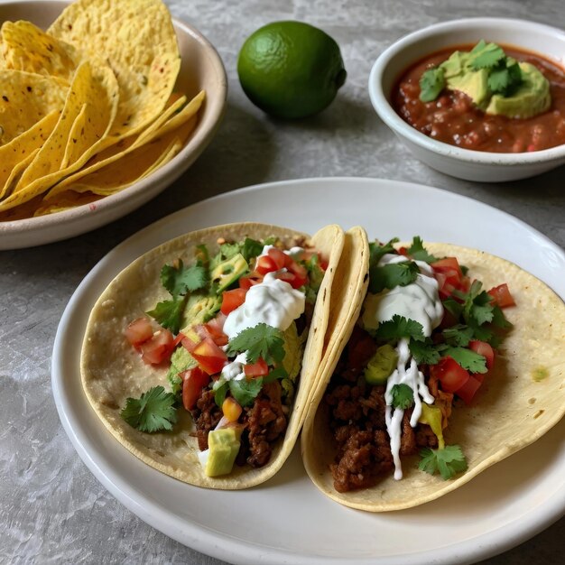 Photo two tacos are on a plate with a bowl of salsa and a pair of tortilla chips